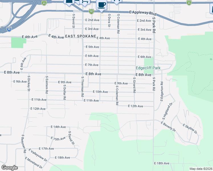 map of restaurants, bars, coffee shops, grocery stores, and more near 6907 East 9th Avenue in Spokane Valley