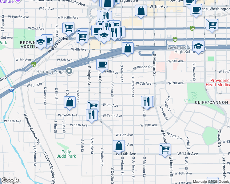 map of restaurants, bars, coffee shops, grocery stores, and more near 1317 West 7th Avenue in Spokane