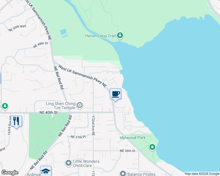 map of restaurants, bars, coffee shops, grocery stores, and more near 4250 West Lake Sammamish Parkway Northeast in Redmond
