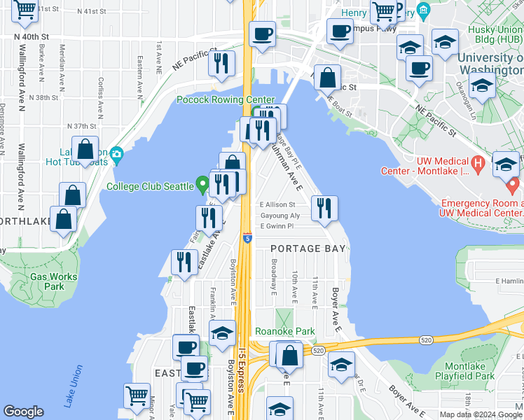 map of restaurants, bars, coffee shops, grocery stores, and more near 3108 Franklin Avenue East in Seattle