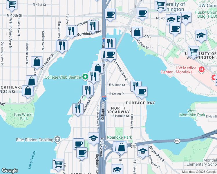 map of restaurants, bars, coffee shops, grocery stores, and more near 3108 Franklin Avenue East in Seattle