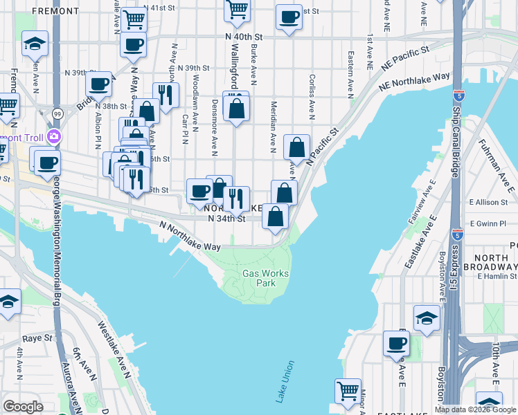 map of restaurants, bars, coffee shops, grocery stores, and more near 3435 Burke Avenue North in Seattle
