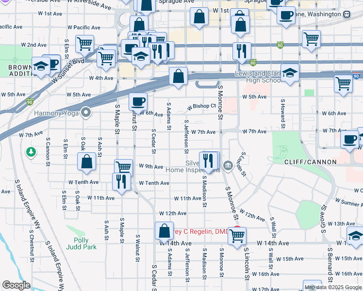 map of restaurants, bars, coffee shops, grocery stores, and more near 705 South Adams Street in Spokane