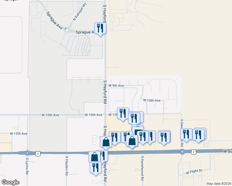map of restaurants, bars, coffee shops, grocery stores, and more near 10705 West 9th Avenue in Airway Heights