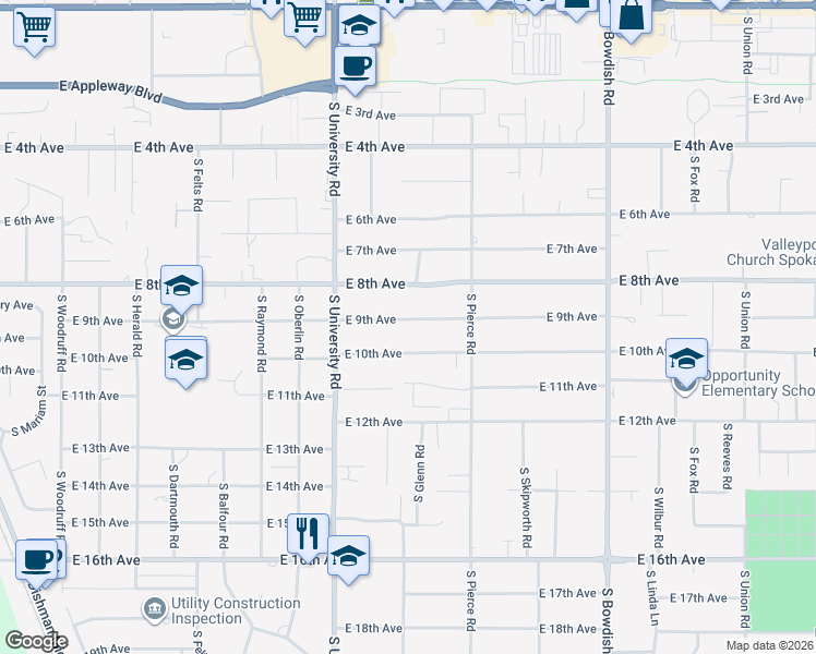 map of restaurants, bars, coffee shops, grocery stores, and more near 10904 East 9th Avenue in Spokane Valley