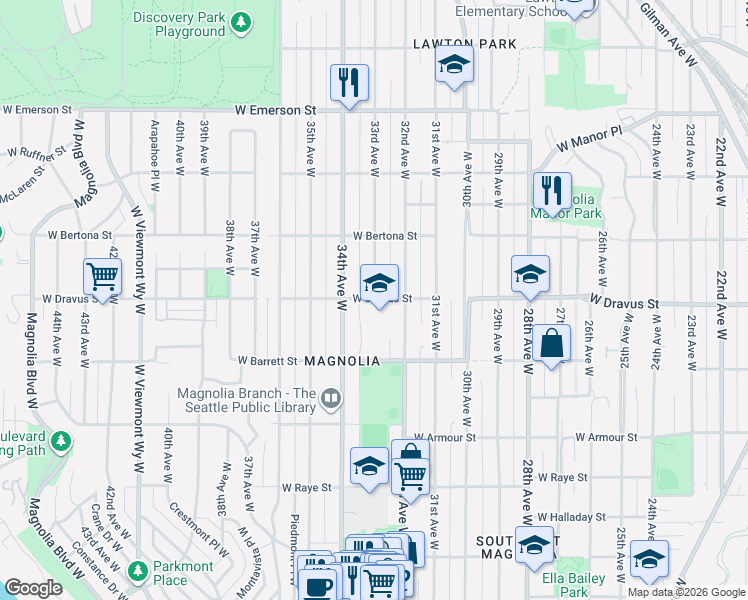 map of restaurants, bars, coffee shops, grocery stores, and more near 3209 33rd Avenue West in Seattle
