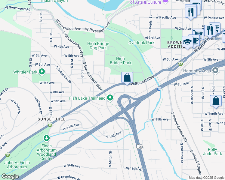 map of restaurants, bars, coffee shops, grocery stores, and more near 2805 West Sunset Boulevard in Spokane