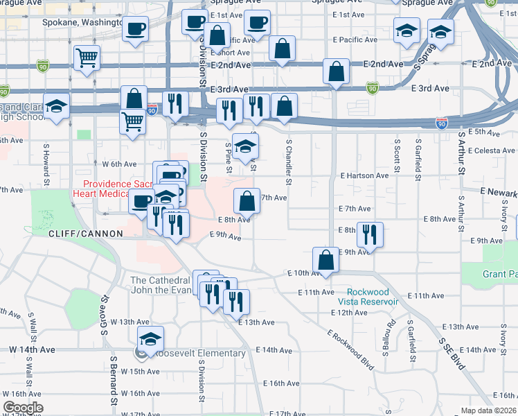 map of restaurants, bars, coffee shops, grocery stores, and more near 807 South Cowley Street in Spokane