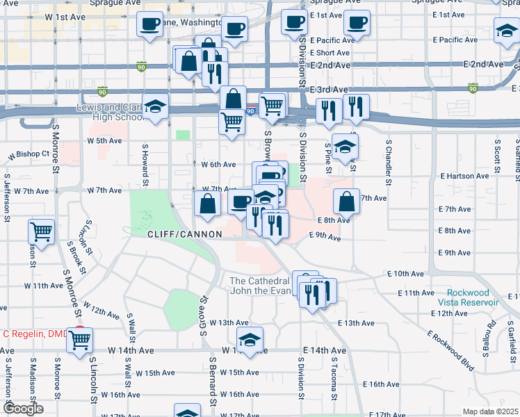 map of restaurants, bars, coffee shops, grocery stores, and more near 101 West 8th Avenue in Spokane