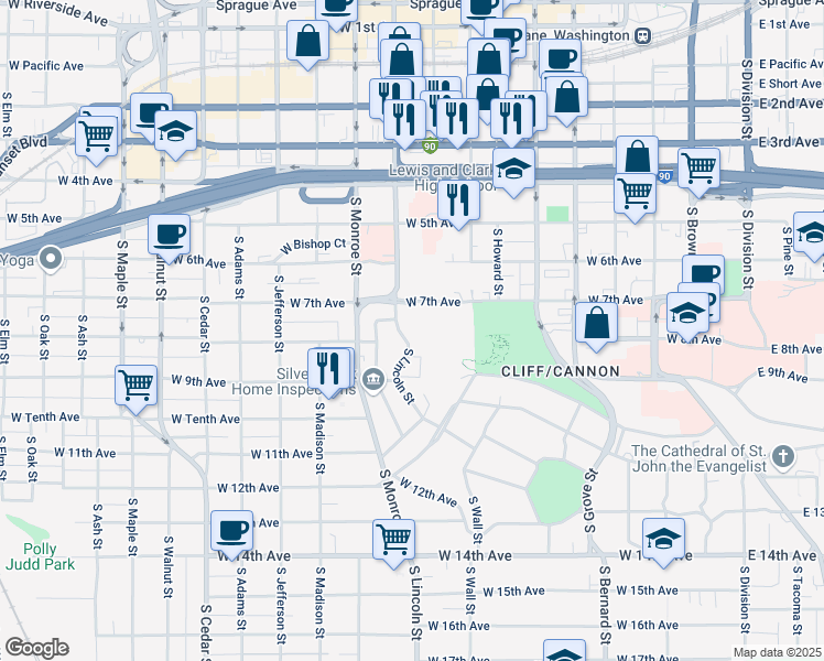 map of restaurants, bars, coffee shops, grocery stores, and more near 705 South Lincoln Street in Spokane