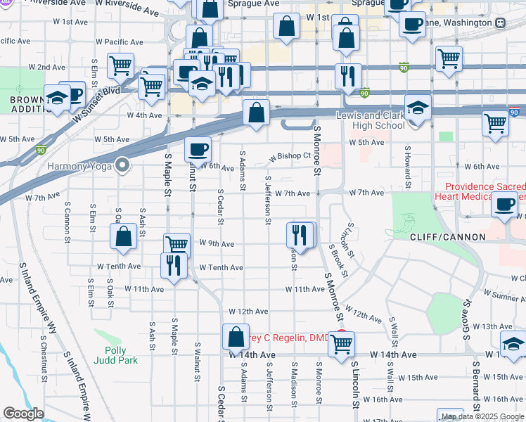 map of restaurants, bars, coffee shops, grocery stores, and more near 705 South Adams Street in Spokane