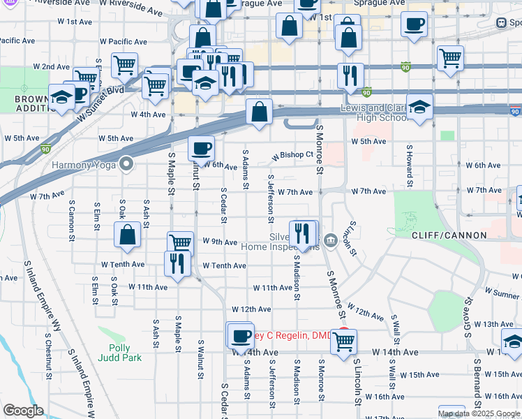 map of restaurants, bars, coffee shops, grocery stores, and more near 705 South Adams Street in Spokane