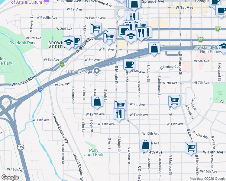 map of restaurants, bars, coffee shops, grocery stores, and more near 1617 West 7th Avenue in Spokane
