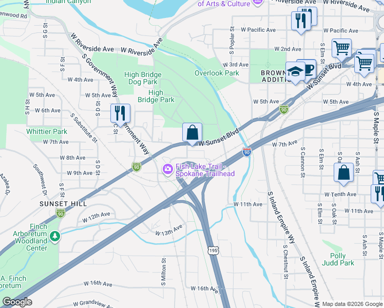 map of restaurants, bars, coffee shops, grocery stores, and more near 702 South Lindeke Street in Spokane