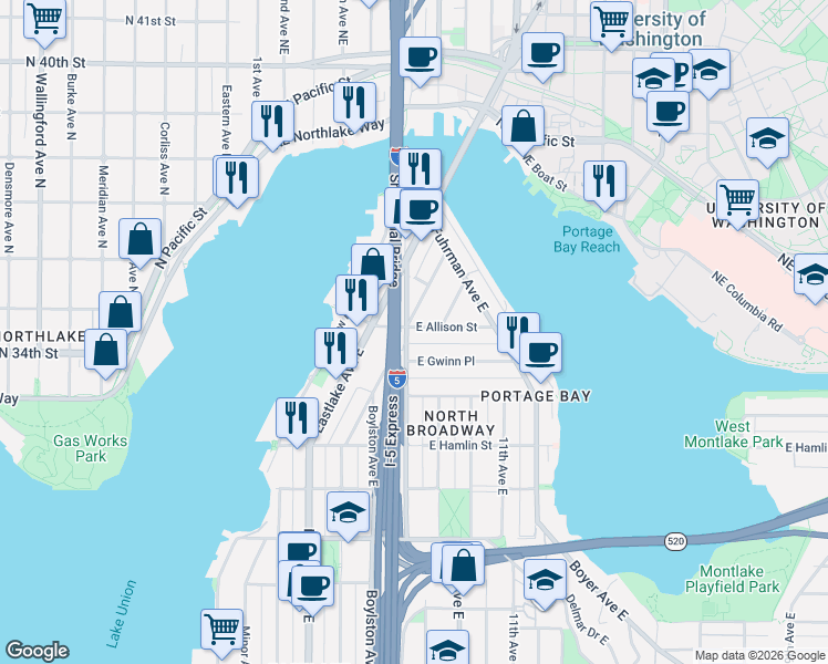 map of restaurants, bars, coffee shops, grocery stores, and more near 3108 Franklin Avenue East in Seattle