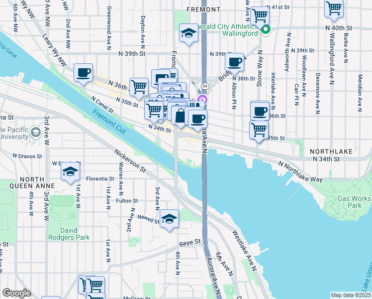 map of restaurants, bars, coffee shops, grocery stores, and more near 730 North 34th Street in Seattle