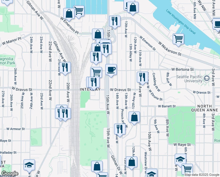 map of restaurants, bars, coffee shops, grocery stores, and more near 3218-1/2 15th Avenue West in Seattle
