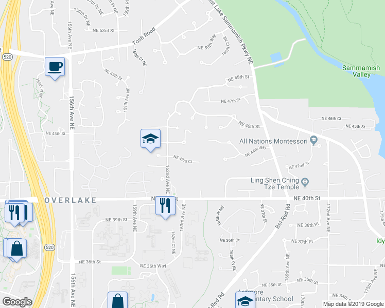 map of restaurants, bars, coffee shops, grocery stores, and more near 16323 Northeast 44th Court in Redmond