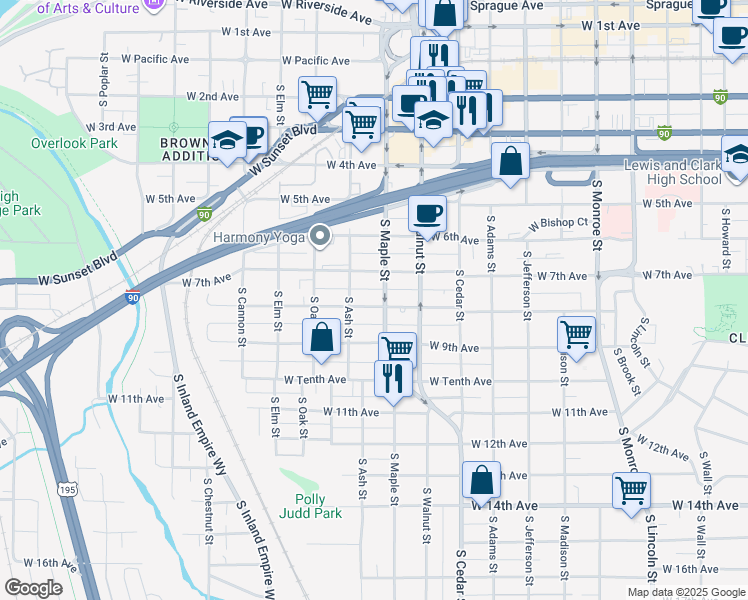 map of restaurants, bars, coffee shops, grocery stores, and more near 1617 West 7th Avenue in Spokane