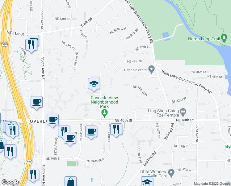 map of restaurants, bars, coffee shops, grocery stores, and more near 16323 Northeast 44th Court in Redmond