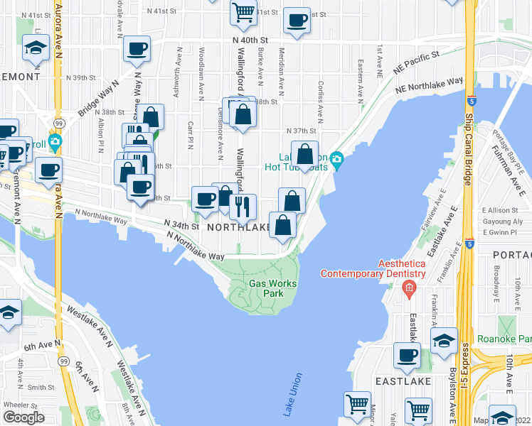 map of restaurants, bars, coffee shops, grocery stores, and more near 3435 Burke Avenue North in Seattle