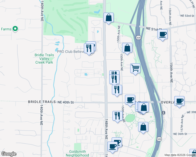 map of restaurants, bars, coffee shops, grocery stores, and more near 14701 Northeast 43rd Place in Bellevue