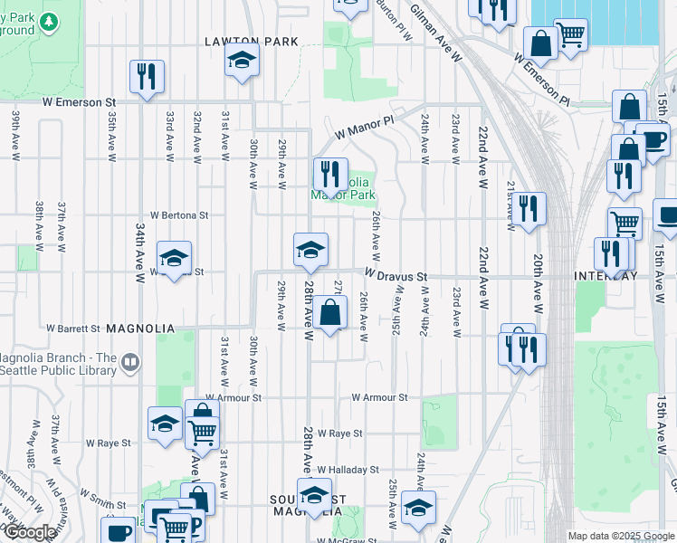 map of restaurants, bars, coffee shops, grocery stores, and more near W Dravus St & 27th Ave W in Seattle