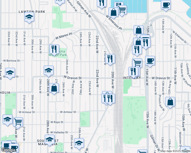 map of restaurants, bars, coffee shops, grocery stores, and more near 3201 22nd Avenue West in Seattle