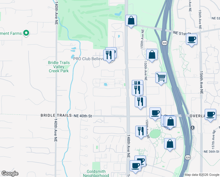 map of restaurants, bars, coffee shops, grocery stores, and more near Northeast 43rd Place in Bellevue