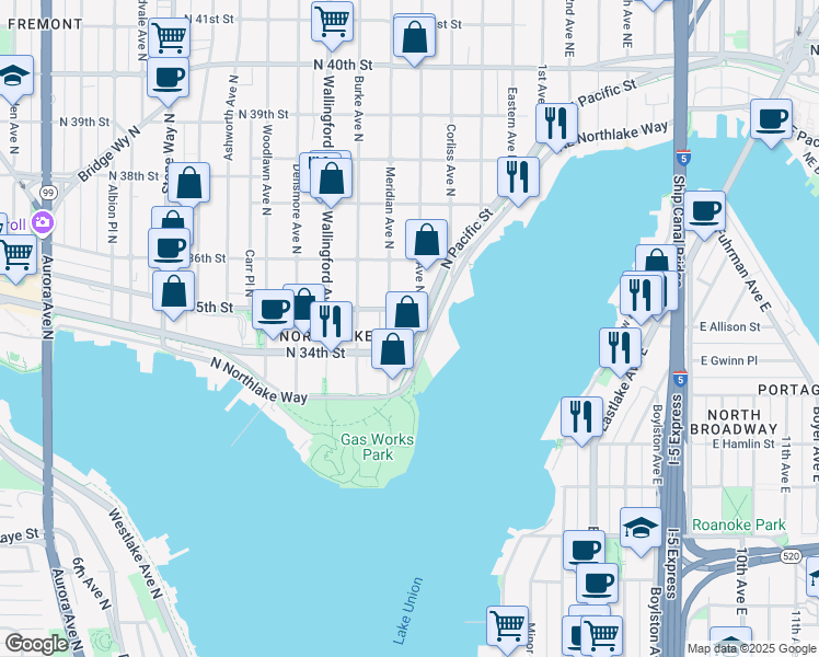 map of restaurants, bars, coffee shops, grocery stores, and more near 2121 North 35th Street in Seattle