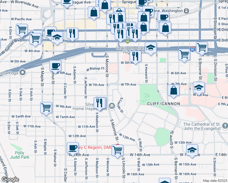 map of restaurants, bars, coffee shops, grocery stores, and more near 721 South Lincoln Place in Spokane