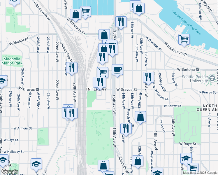 map of restaurants, bars, coffee shops, grocery stores, and more near 3200 16th Avenue West in Seattle
