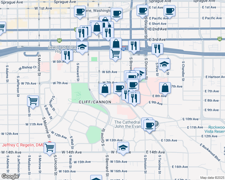 map of restaurants, bars, coffee shops, grocery stores, and more near 729 South Bernard Street in Spokane