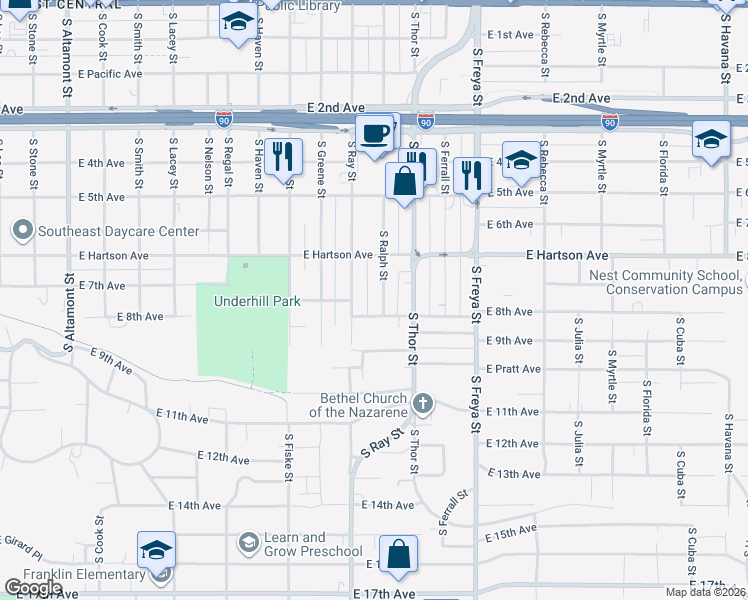map of restaurants, bars, coffee shops, grocery stores, and more near 703 South Ralph Street in Spokane