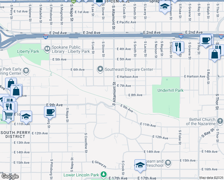 map of restaurants, bars, coffee shops, grocery stores, and more near 2404 East 7th Avenue in Spokane