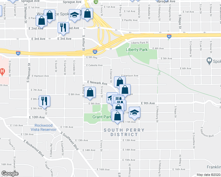 map of restaurants, bars, coffee shops, grocery stores, and more near 1220 East Newark Avenue in Spokane