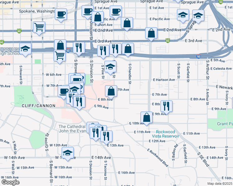 map of restaurants, bars, coffee shops, grocery stores, and more near 807 South Cowley Street in Spokane