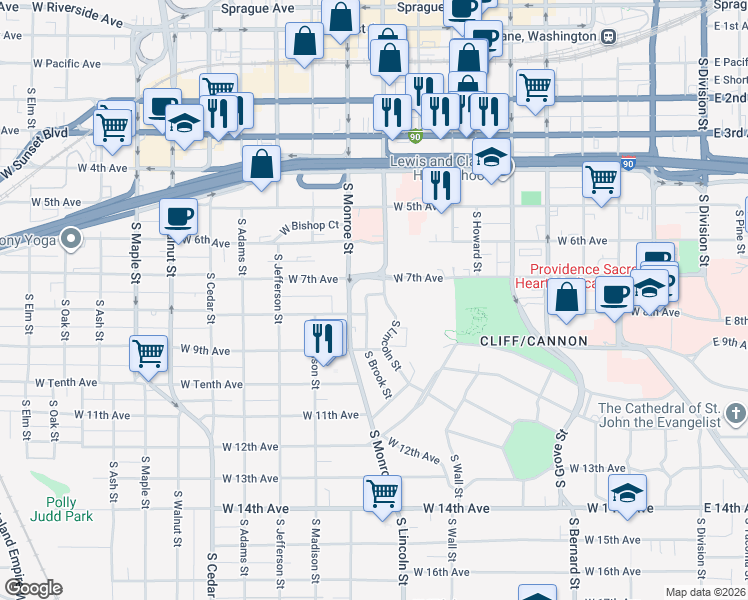 map of restaurants, bars, coffee shops, grocery stores, and more near 716 South Lincoln Place in Spokane