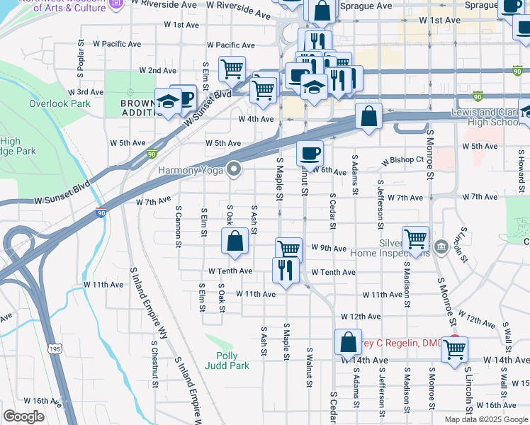 map of restaurants, bars, coffee shops, grocery stores, and more near 1617 West 7th Avenue in Spokane