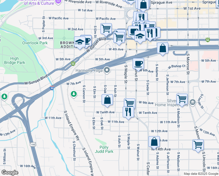 map of restaurants, bars, coffee shops, grocery stores, and more near 714 South Ash Street in Spokane