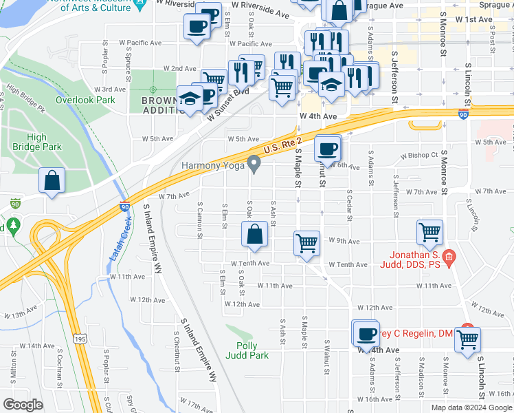 map of restaurants, bars, coffee shops, grocery stores, and more near 714 South Ash Street in Spokane