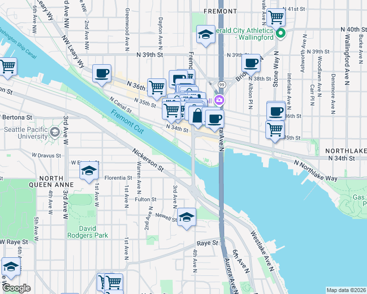map of restaurants, bars, coffee shops, grocery stores, and more near in Seattle