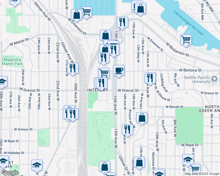 map of restaurants, bars, coffee shops, grocery stores, and more near 3216 16th Avenue West in Seattle