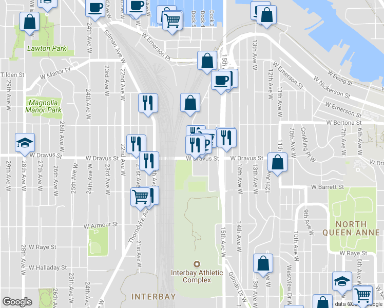 map of restaurants, bars, coffee shops, grocery stores, and more near 3217 17th Avenue West in Seattle