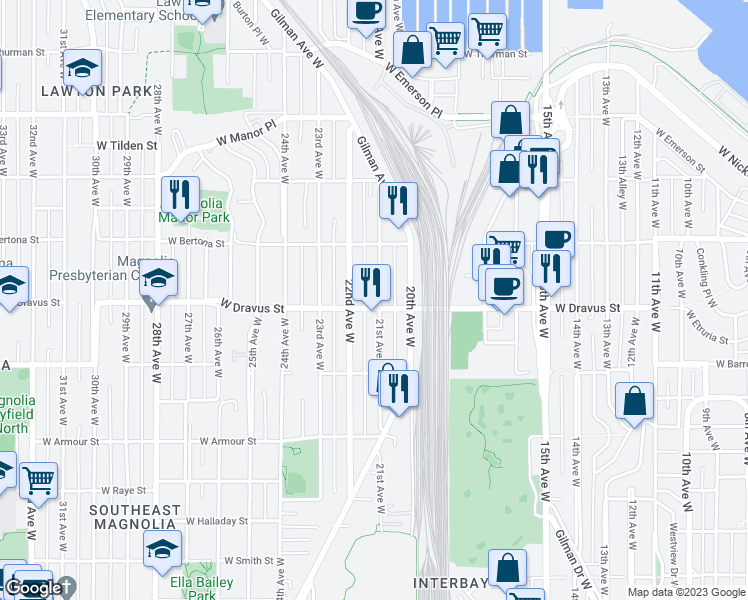 map of restaurants, bars, coffee shops, grocery stores, and more near 3217 21st Avenue West in Seattle
