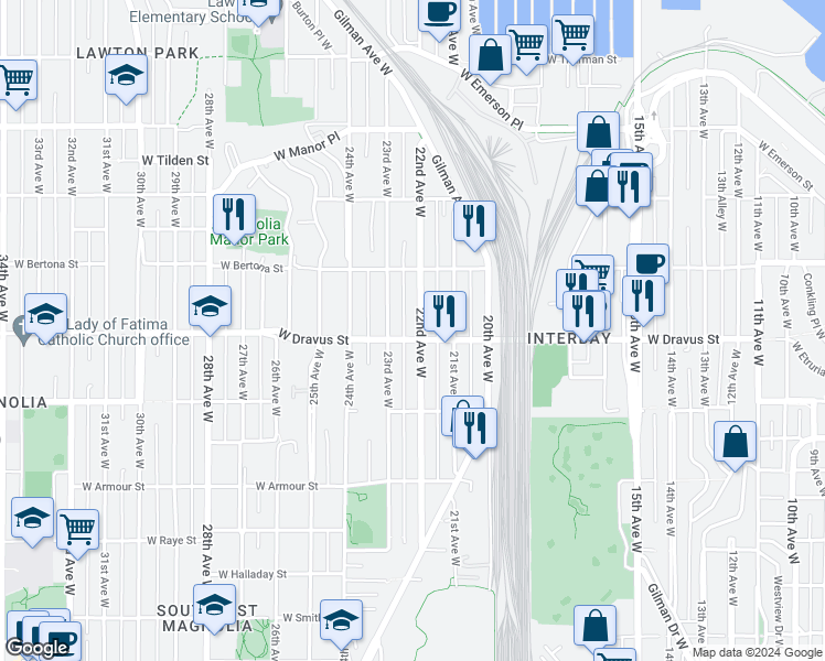 map of restaurants, bars, coffee shops, grocery stores, and more near 3213 22nd Avenue West in Seattle