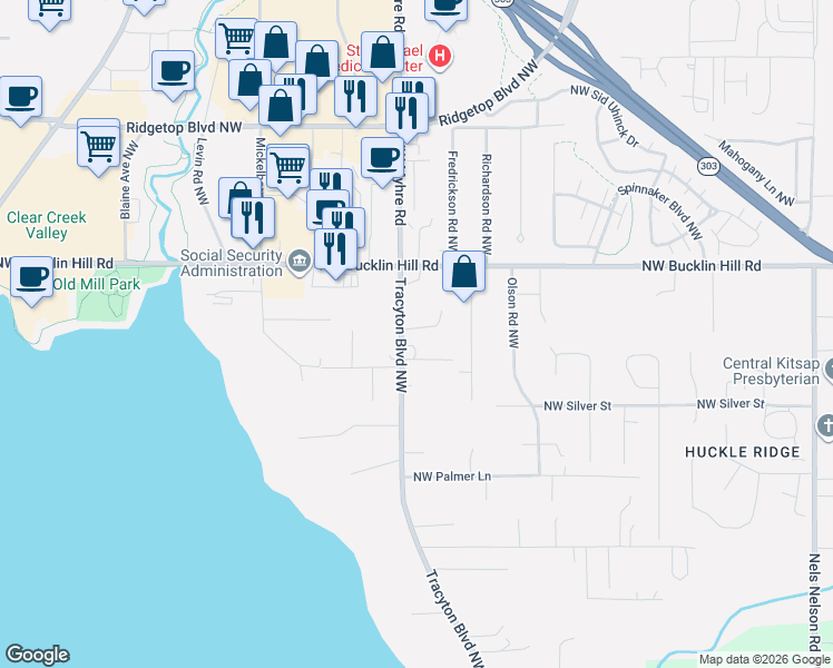 map of restaurants, bars, coffee shops, grocery stores, and more near 9428 Tracyton Boulevard Northwest in Bremerton