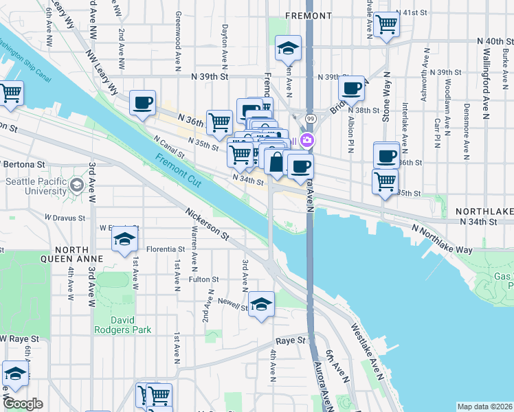 map of restaurants, bars, coffee shops, grocery stores, and more near 651 North 34th Street in Seattle