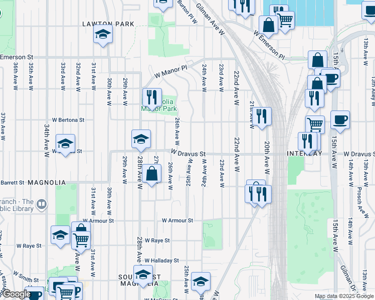 map of restaurants, bars, coffee shops, grocery stores, and more near 3205 25th Avenue West in Seattle