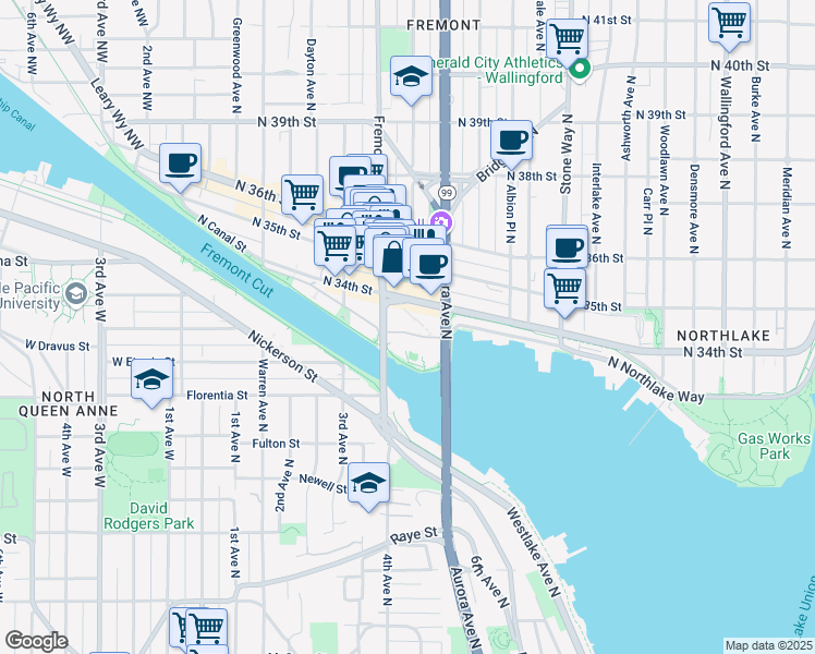 map of restaurants, bars, coffee shops, grocery stores, and more near 701 North 34th Street in Seattle